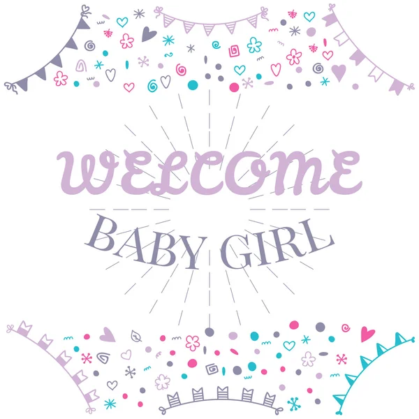 Welcome baby girl. Baby shower greeting card. Cute baby girl sho — Stock Vector