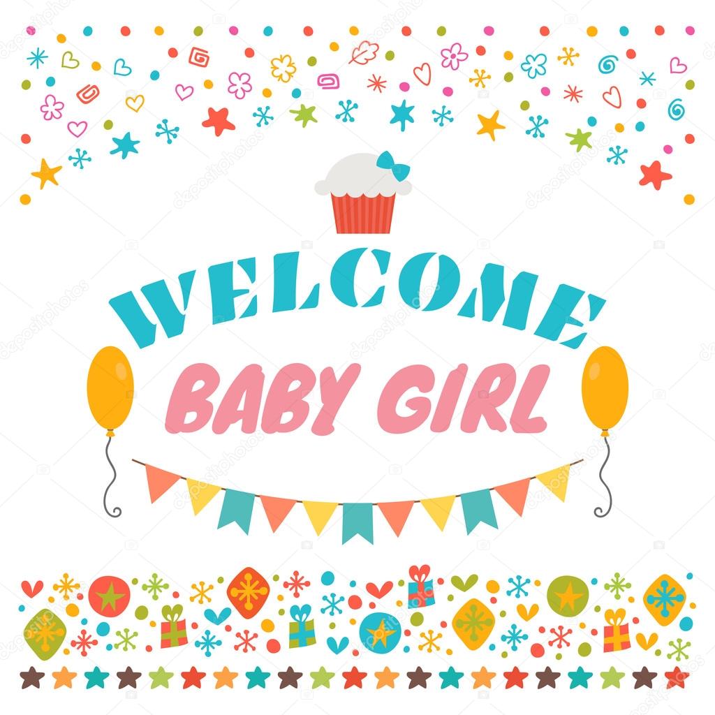 Welcome Baby Girl Announcement Card Baby Shower Greeting Card Stock Vector C Saenal78