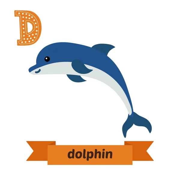 Dolphin. Huruf D. Anak-anak lucu alfabet hewan di vektor. Funn - Stok Vektor