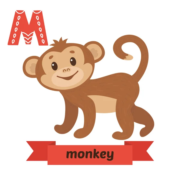 Scimmia. Lettera M. Grazioso alfabeto animale per bambini in vettore. Divertente. — Vettoriale Stock