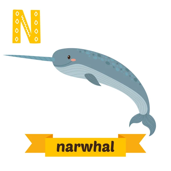 Narwhal. N letter. Cute children animal alphabet in vector. Funn — Stock Vector