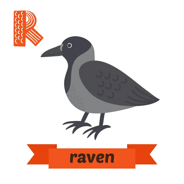 Raven. Lettre R. Enfants mignons alphabet animal dans le vecteur. C'est drôle. — Image vectorielle