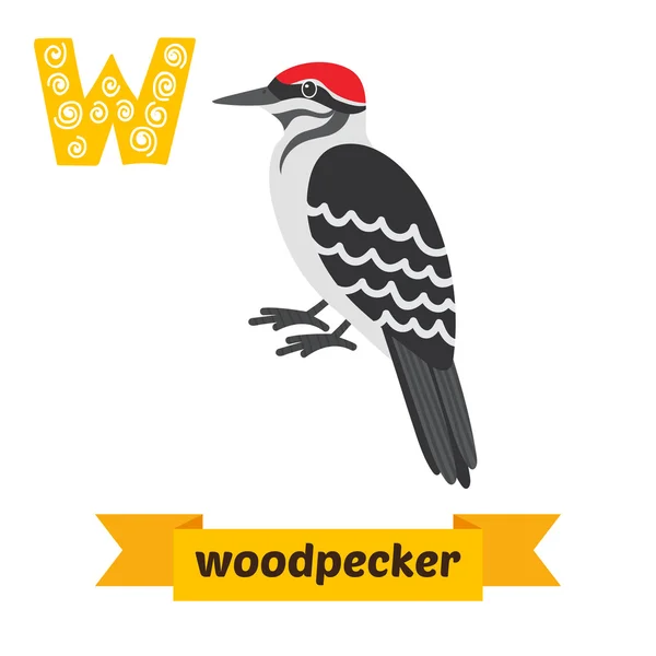 Woodpecker. W letter. Cute children animal alphabet in vector. F — Stock Vector