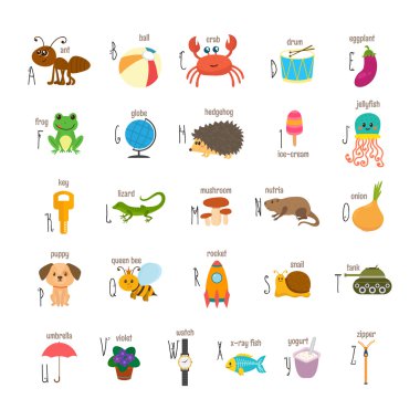 Children alphabet with cute cartoon animals and other funny elem clipart