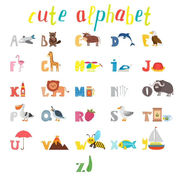 ABC. Alphabet enfants avec des animaux de dessin animé mignons et d'autres drôles — Image vectorielle