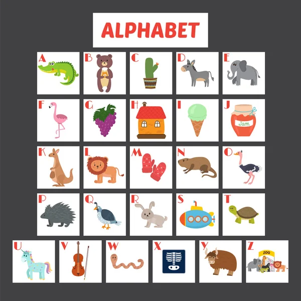 Alfabet pentru copii cu animale de desene animate drăguțe și alte elem amuzant — Vector de stoc