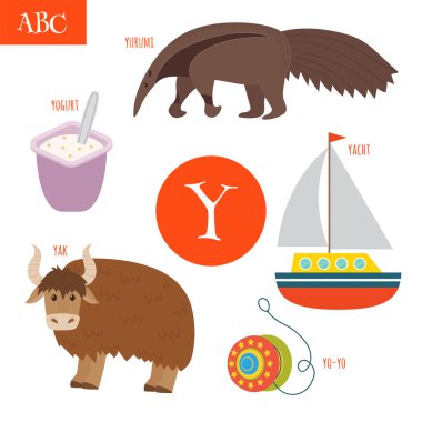 Mektup Y. çizgi film çocuklar için alfabe. Yo-Yo, yak, yat, yogu