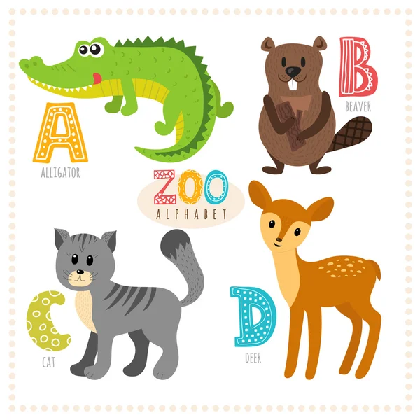 Lindos animales de dibujos animados. Alfabeto del zoológico con animales divertidos. A, b, c , — Vector de stock