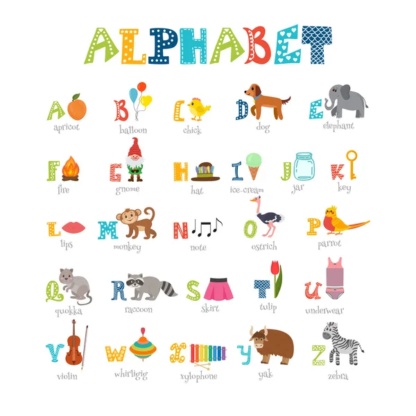 Children alphabet with cute cartoon animals and other funny elem — Stock Vector