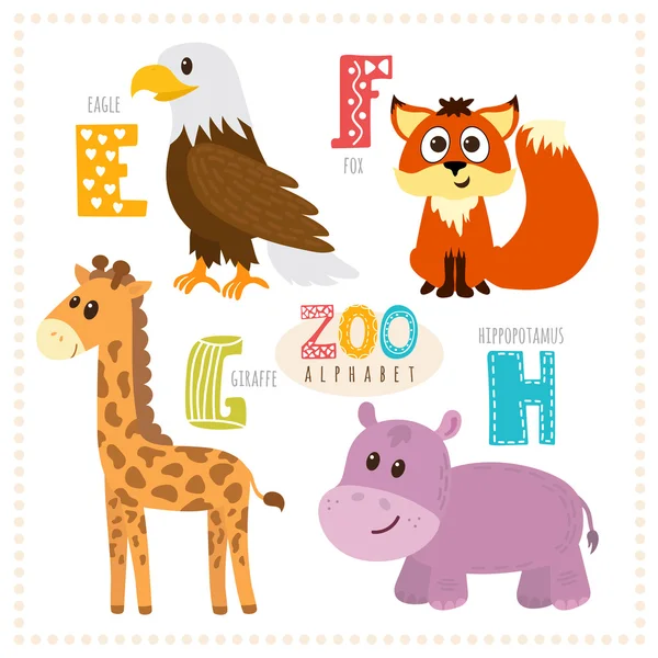 Niedliche Zeichentricktiere. Zoo-Alphabet mit lustigen Tieren. e, f, g, — Stockvektor