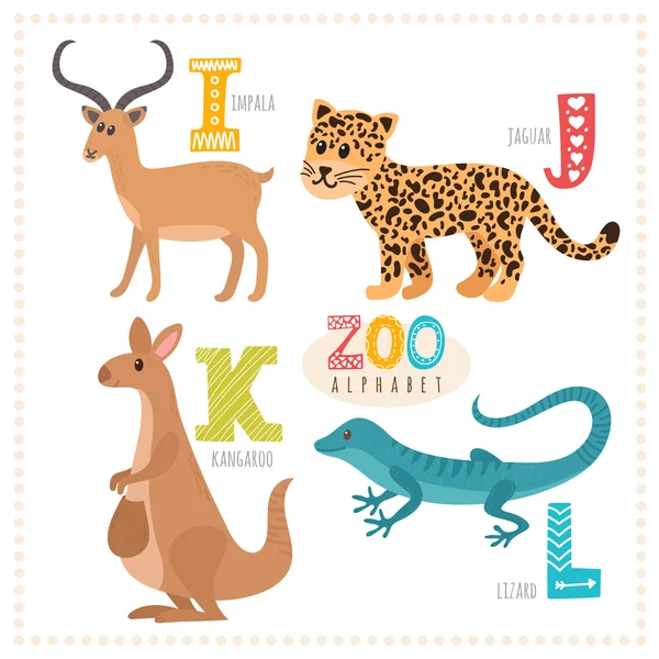 Lindos animales de dibujos animados. Alfabeto del zoológico con animales divertidos. Yo, j, k , — Vector de stock