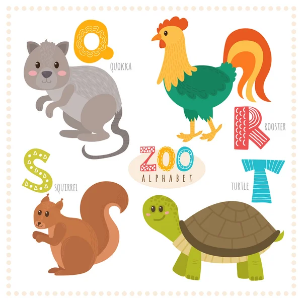 Schattige cartoon dieren. Dierentuin alfabet met grappige dieren. Q, r, s, — Stockvector