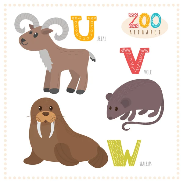 Cute cartoon animals. Zoo alphabet with funny animals. U, v, w l — Stock Vector