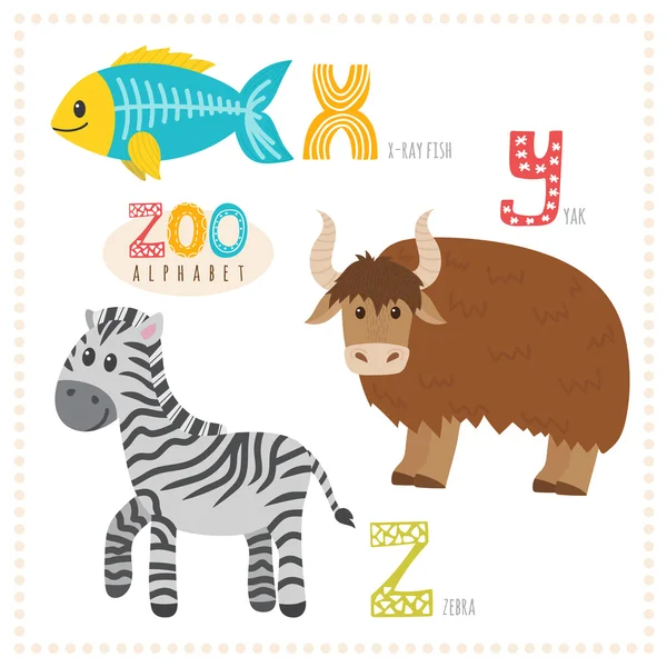 可爱的卡通动物。动物园字母与有趣的动物。X， y， z l — 图库矢量图片