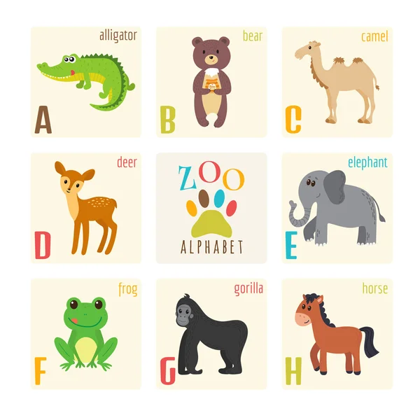 Lindo alfabeto zoológico con animales en estilo de dibujos animados. Cocodrilo, oso — Vector de stock