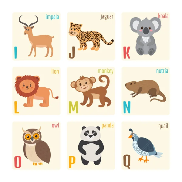 Schattige dierentuin alfabet met dieren in cartoon stijl. Impala, Jaguar, — Stockvector