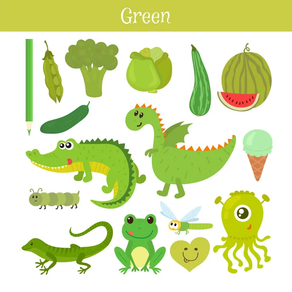 Verde. Aprende el color. Conjunto educativo. Ilustración de c primaria — Vector de stock