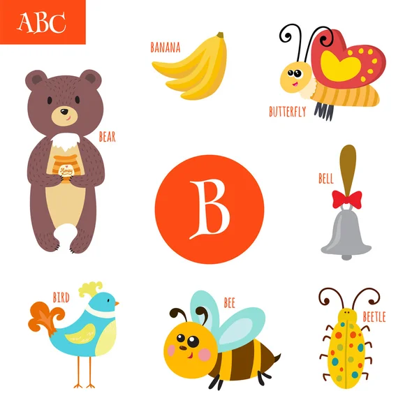 Letra B. Alfabeto de dibujos animados para niños. Oso, abeja, campana, pájaro , — Vector de stock