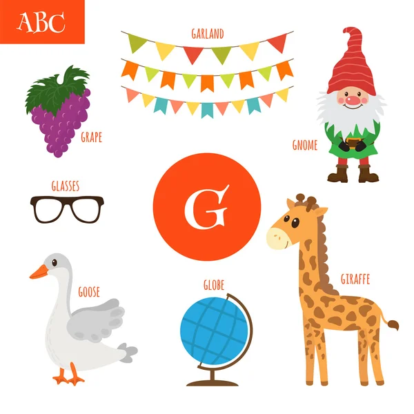 Litera G. alfabet Kreskówki dla dzieci. Żyrafa, Gnom, winogrona, — Wektor stockowy