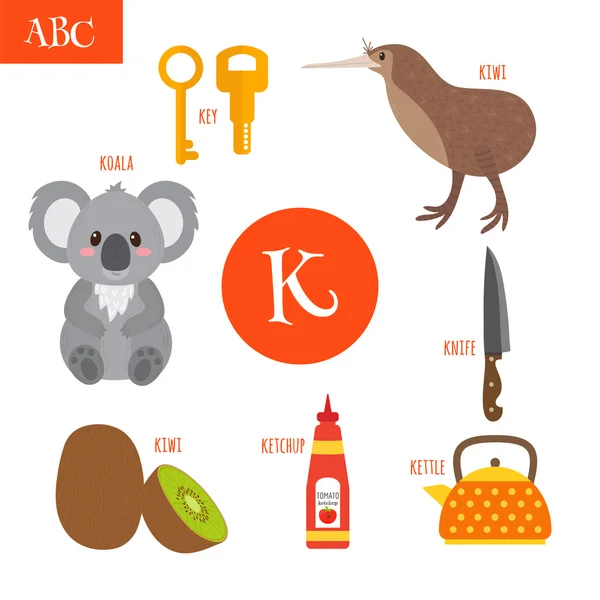 Letra K. Alfabeto de dibujos animados para niños. Koala, llave, hervidor de agua, ket — Archivo Imágenes Vectoriales