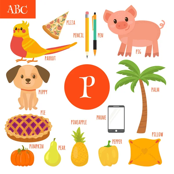 Γράμμα P. αλφάβητο καρτούν για τα παιδιά. Αχλάδι, γουρούνι, στυλό, μολύβι, — Διανυσματικό Αρχείο