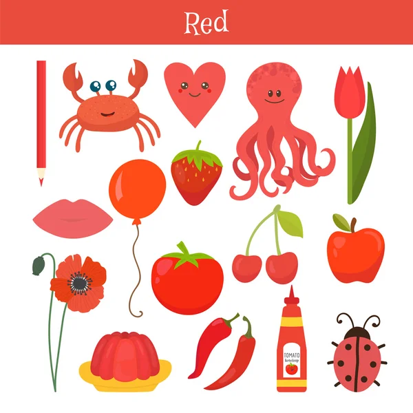 Rosso. Impara il colore. Set di educazione. Illustrazione del col legamento primario — Vettoriale Stock