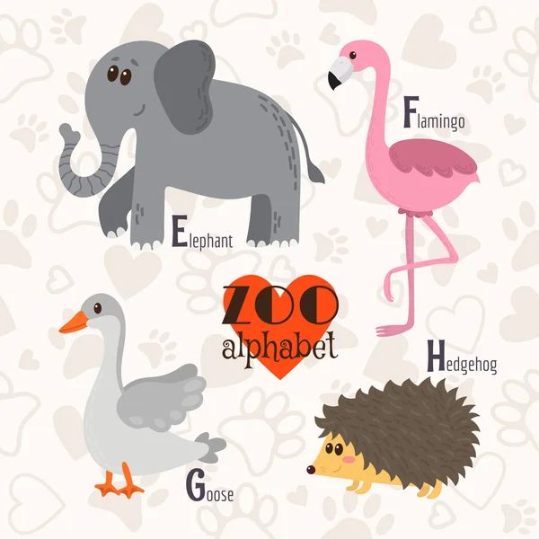 変な動物と動物園のアルファベット。E、f、g、h の文字。象、f — ストックベクタ