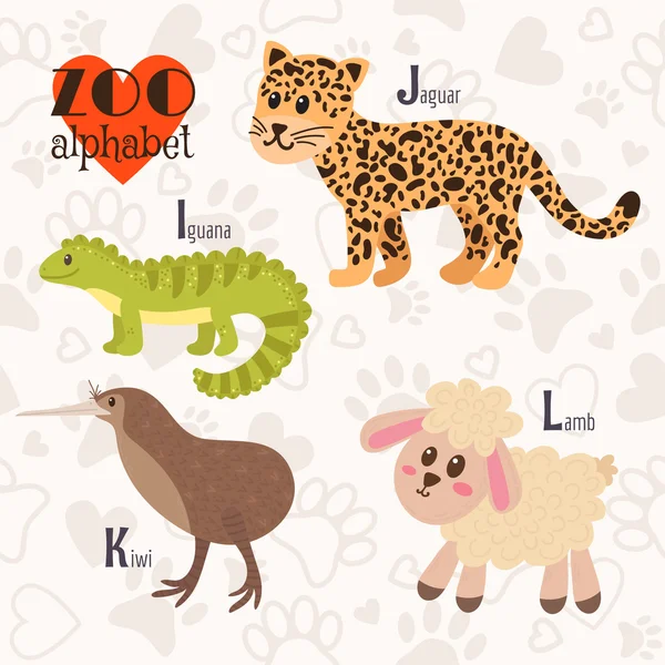 Alphabet zoo avec des animaux drôles. Je, j, k, l lettres. Iguana, jag — Image vectorielle