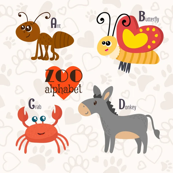 Zoo alphabet with funny animals. A, b, c, d letters. Ant, butter — Stock Vector