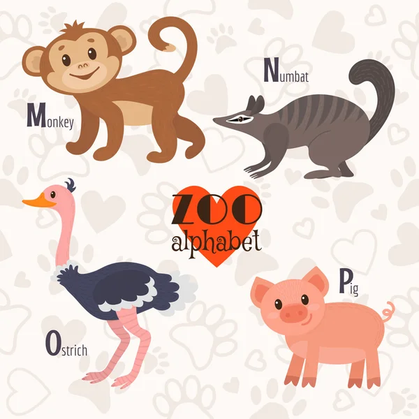 Alfabet kebun binatang dengan hewan lucu. M, n, o, huruf p. Monyet, num - Stok Vektor