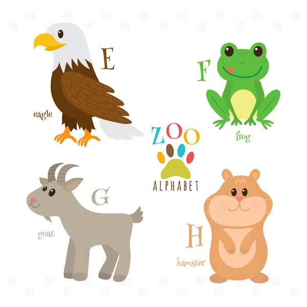 Alfabet zoo zwierzęta śmieszne kreskówki. E, f, g, h litery. EAG — Wektor stockowy
