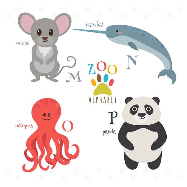 Alphabet de zoo avec des animaux de dessin animé drôles. M, n, o, p lettres. Mou ! — Image vectorielle