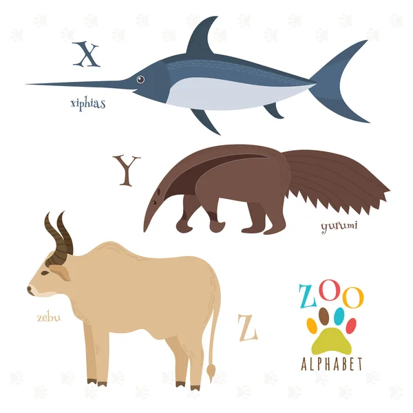 面白い漫画の動物と動物園のアルファベット。X、y、z の文字。Xiphia — ストックベクタ