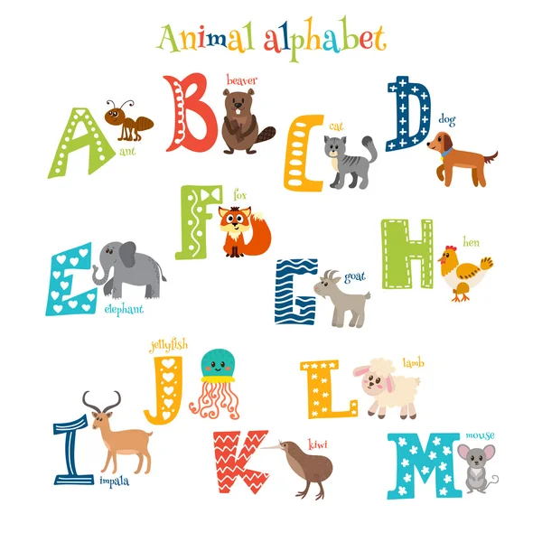 Zoologisk have. Sød tegneserie dyr alfabet fra A til M i tegneserie stil – Stock-vektor