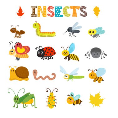 Vector set of cartoon insects. Colorful bugs collection clipart
