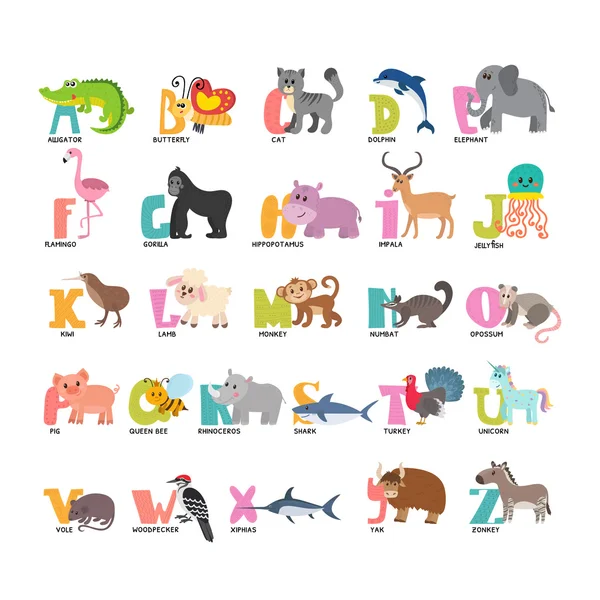 Alfabeto de animales de dibujos animados lindo de A a Z — Vector de stock