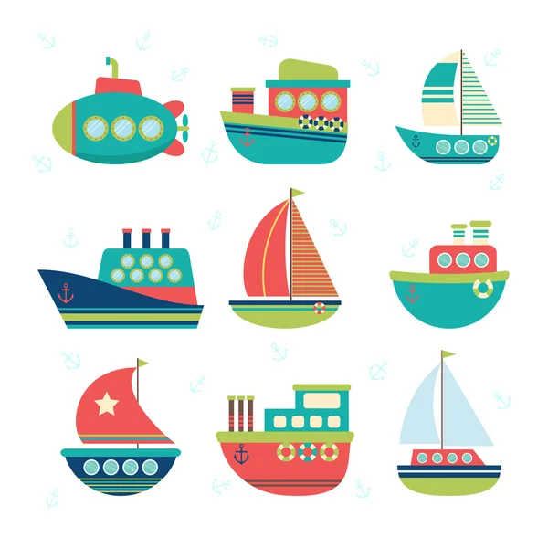 Diferentes tipos de barcos. Conjunto de transporte marítimo. Barcos de pesca, ya — Vector de stock