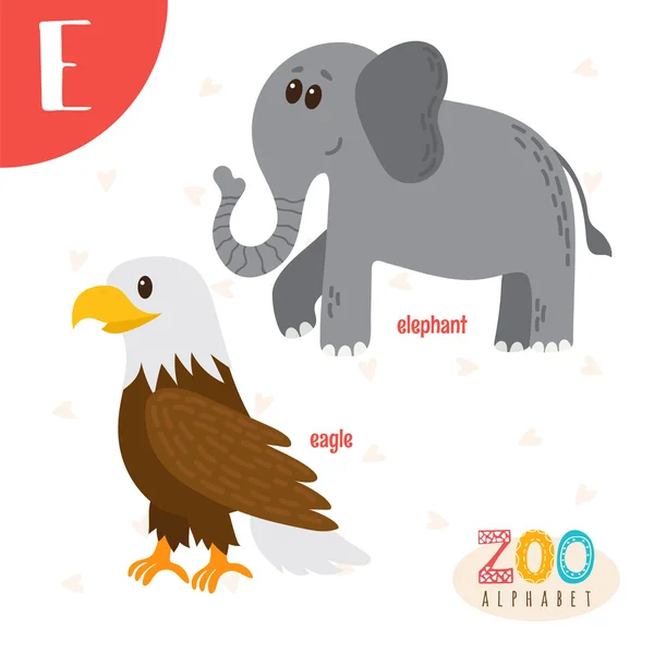 Letra E. Lindos animales. Divertidos animales de dibujos animados en vector. ABC boo — Archivo Imágenes Vectoriales