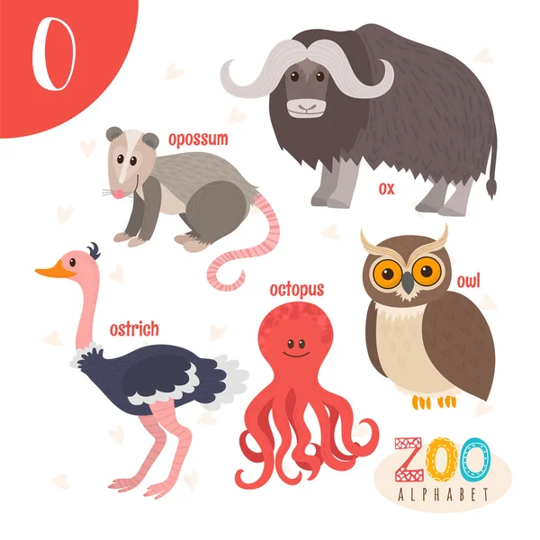 Carta O Animais giros. Animais de desenhos animados engraçados no vetor. ABC boo —  Vetores de Stock