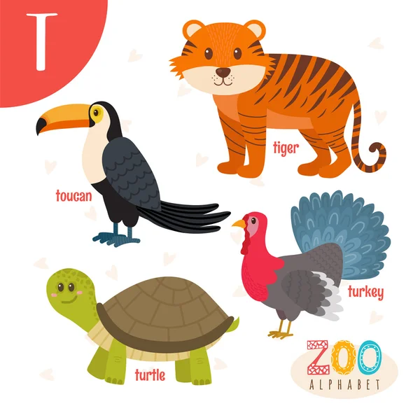 Carta T. Animais bonitos. Animais de desenhos animados engraçados no vetor. ABC boo —  Vetores de Stock