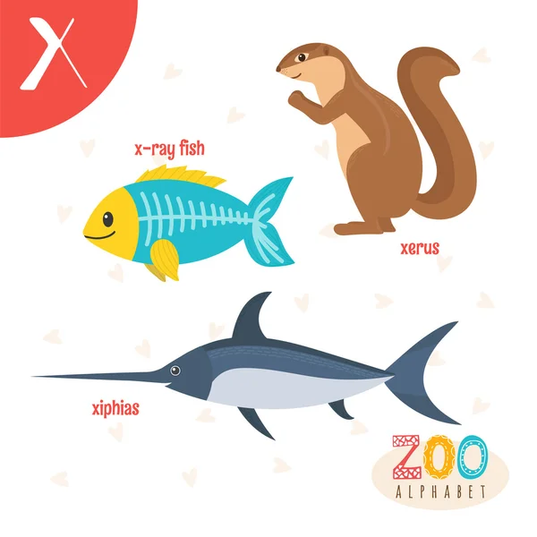 Carta X. Animais giros. Animais de desenhos animados engraçados no vetor. ABC boo —  Vetores de Stock