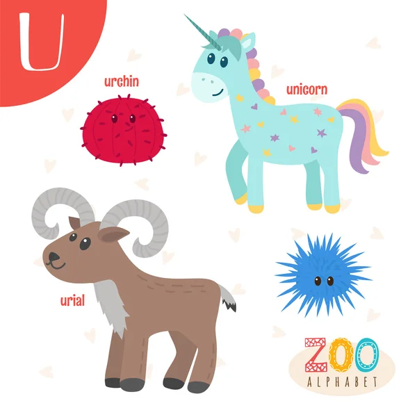 Letra U Animales lindos. Divertidos animales de dibujos animados en vector. ABC boo — Vector de stock