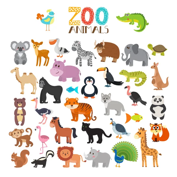 Colección vectorial de animales del Zoo. Conjunto de animales de dibujos animados lindos — Vector de stock