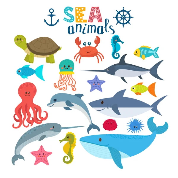 Διάνυσμα σύνολο πλάσματα της θάλασσας. Χαριτωμένα κινούμενα σχέδια ζώων — Διανυσματικό Αρχείο