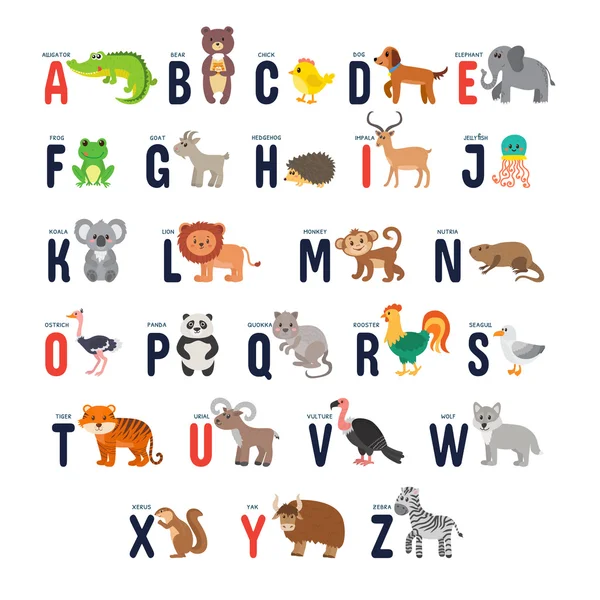 Alfabeto del zoológico con animales de dibujos animados lindos — Vector de stock
