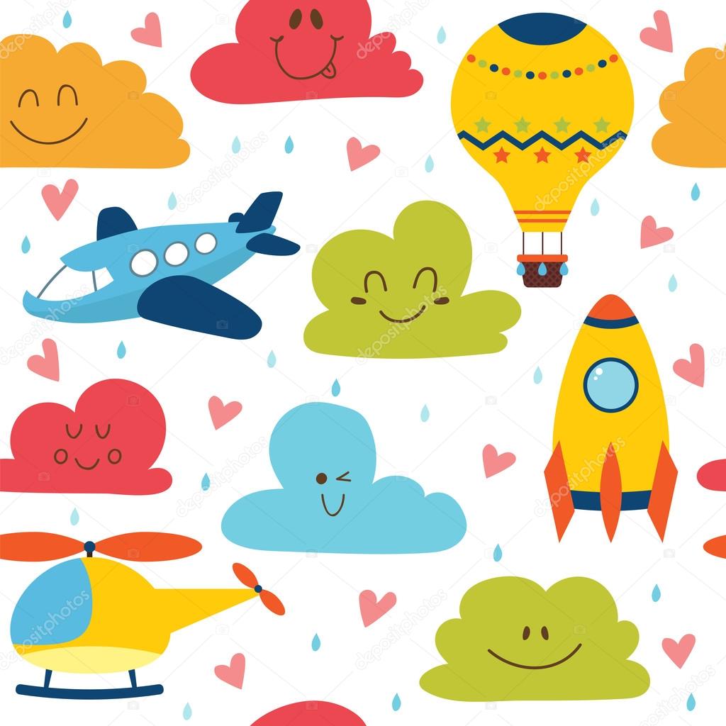 Cute seamless pattern with plane, helicopter, hot air balloon, s