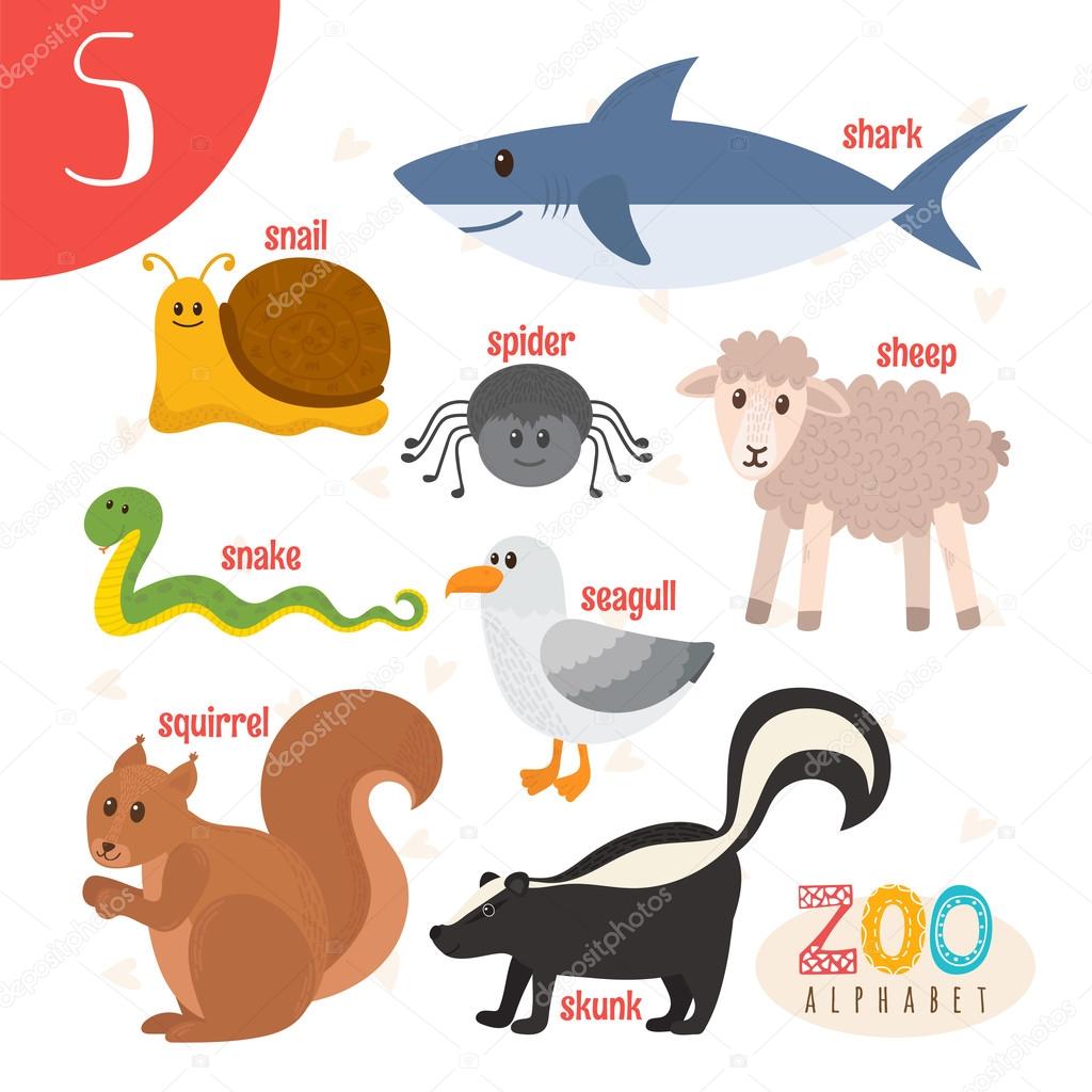 Letter S. Cute animals. Funny cartoon animals in vector. ABC boo