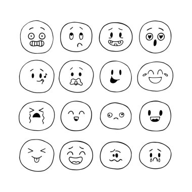 Elle çizilmiş komik gülen yüzler. Emoji simgeleri. Çizilmiş yüz ifadeleri ayarlandı. Kawaii tarzı. Çizgi film karakteri koleksiyonu. Vektör illüstrasyonu