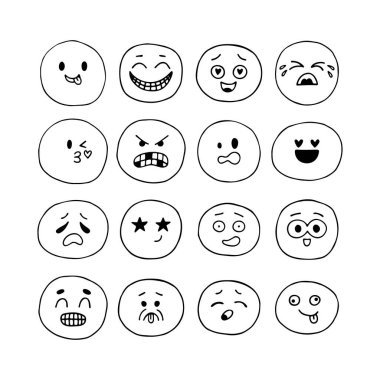 Elle çizilmiş komik gülen yüzler. Çizilmiş yüz ifadeleri ayarlandı. Çizgi film karakteri koleksiyonu. Kawaii tarzı. Emoji simgeleri. Vektör illüstrasyonu