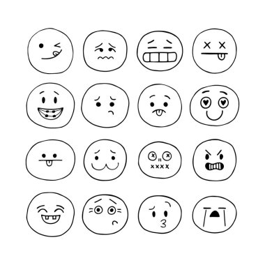 Mutlu el, komik gülen yüzler çizdi. Çizilmiş yüz ifadeleri ayarlandı. Çizgi film karakteri koleksiyonu. Emoji simgeleri. Kawaii tarzı. Vektör illüstrasyonu